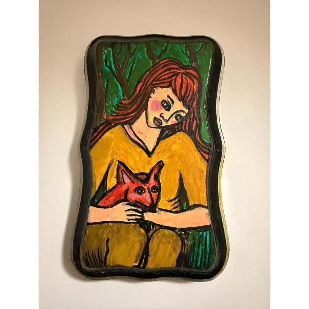 Girl with Fox - Original Painting by Janeane Wilbur on Wood 3" x 5.5" handmade - Picture 2 of 7